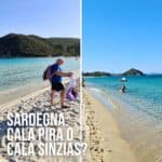 Due splendide spiagge della Sardegna con acque cristalline, una con un uomo che cammina sulla sabbia e l'altra con bagnanti in acqua, confrontando Cala Pira e Cala Sinzias.