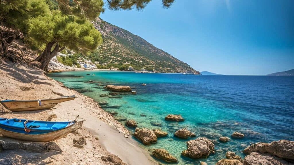 Spiaggia isolata in Grecia con barche colorate, acqua cristallina e scogli.