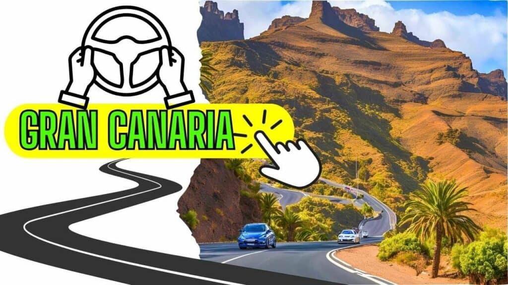 Immagine guida per la guida a Gran Canaria con grafica di volante e strada di montagna con auto