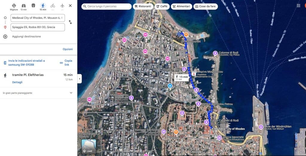 Lasciati Stupire da Rodi Città Vecchia Cosa Vedere? 1 Mappa di Google Maps che mostra la posizione di Elli Beach a breve distanza dalla città vecchia di Rodi, in Grecia.