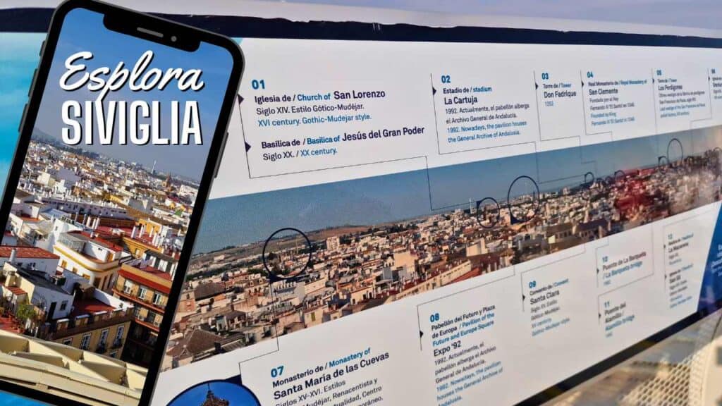 Consigli per Noleggiare un'Auto a Siviglia: La Tua Guida Completa 1 Mappa di Siviglia con smartphone in primo piano che mostra l'invito all'azione "Esplora Siviglia" e indicazioni per i principali luoghi d'interesse della città, suggerendo l'esplorazione in auto.