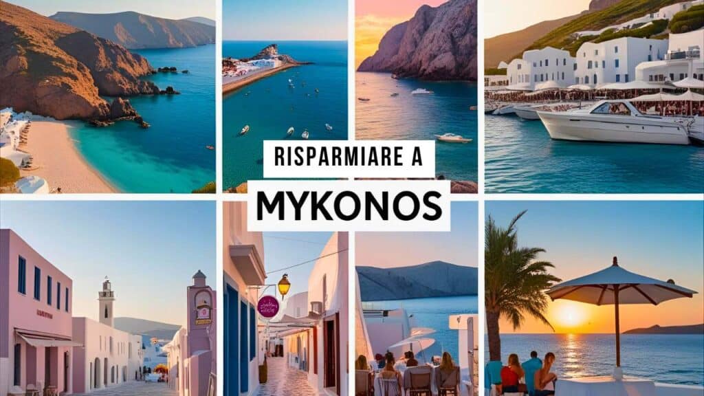 Mykonos: collage di immagini che mostrano spiagge tranquille, piccole barche in mare, yacht al porto, tipiche architetture bianche del paese, una via stretta con negozi e un tramonto sul mare, tutti elementi che suggeriscono come sia possibile visitare e risparmiare sull'isola greca.