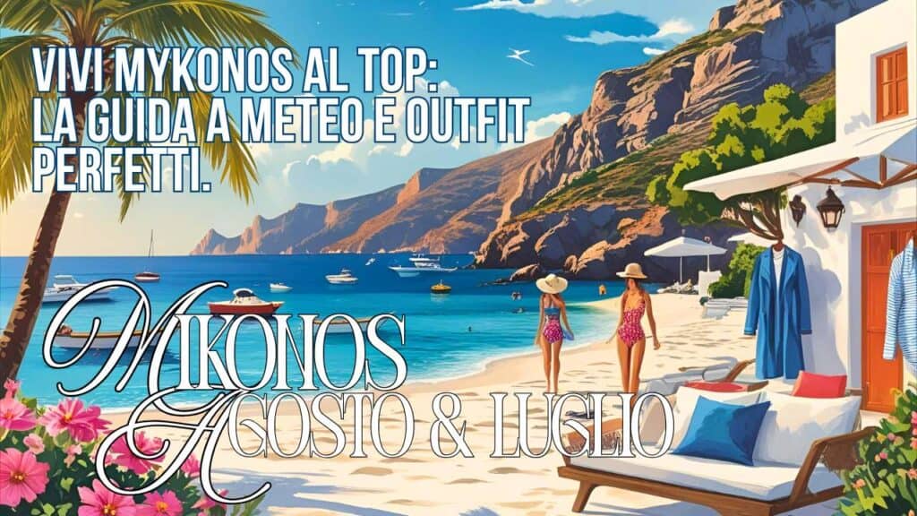 Temperature Mykonos Agosto & Luglio: Cosa Mettere in Valigia per la Tua Vacanza Glamour e Pratica 1 Due donne in costume camminano su una spiaggia di Mykonos con edifici bianchi e il mare turchese, sovrastata dal testo "VIVI MYKONOS AL TOP: LA GUIDA A METEO E OUTFIT PERFETTI. Mykonos Agosto & Luglio