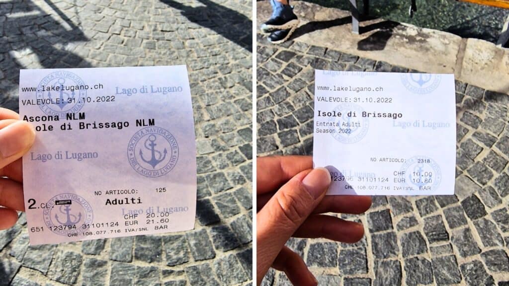 Immagine con i due biglietti distinti per l'Isola di Brissago: la prova del costo di trasporto e dell'ingresso al Parco Botanico.