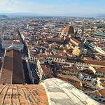 Unobstructed panoramic view of Florence from the top, taken from Brunelleschi's Dome open balcony. The cityscape features terracotta rooftops and distant landmarks.
