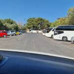 View of the main parking lot outside Knossos Palace entrance in Heraklion, Crete.