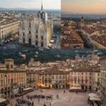 Split-screen image comparing aerial views of Piazza Duomo in Milan with its grand cathedral, and Piazza Vecchia in Bergamo with its historic square and buildings.