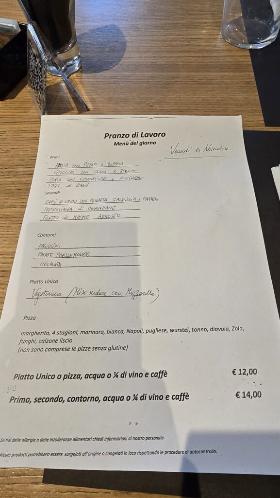 Fixed-price work lunch menu (Pranzo di Lavoro) from Kalintus in Crema, showing the €12.00 and €14.00 affordable meal options.