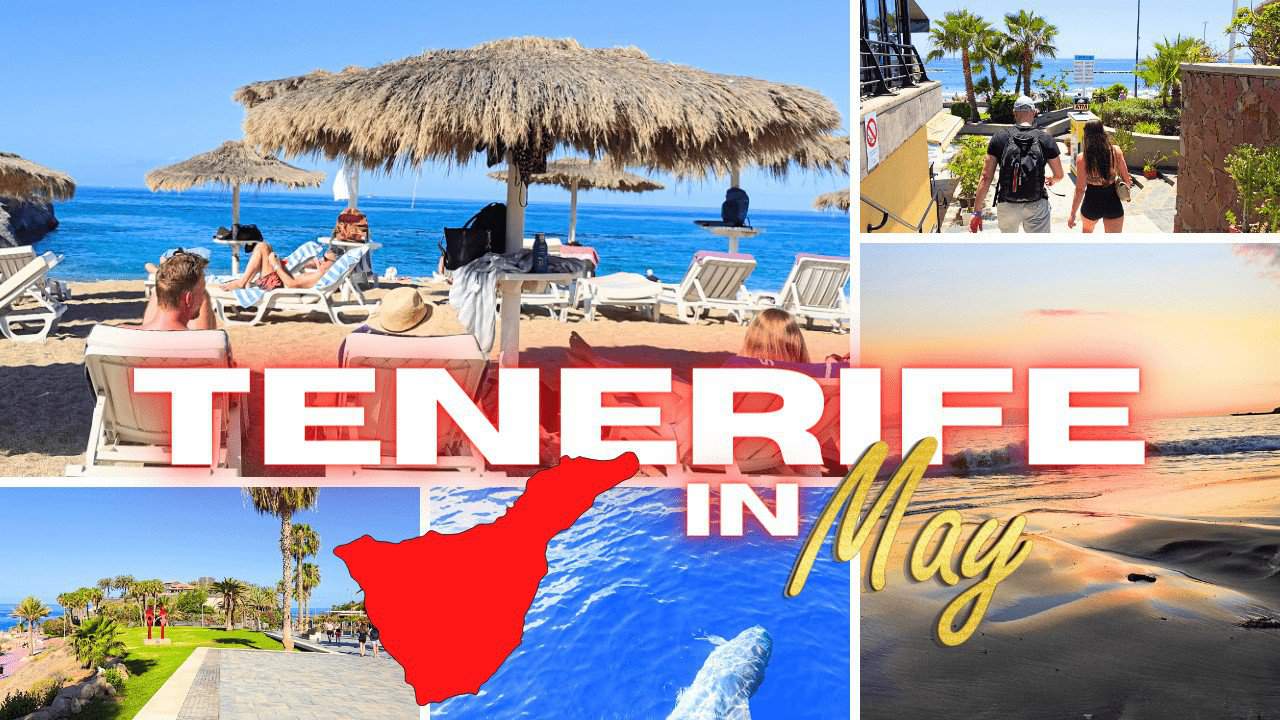 a collage of a beach with a straw umbrella and people. Canary islands tenerife in may