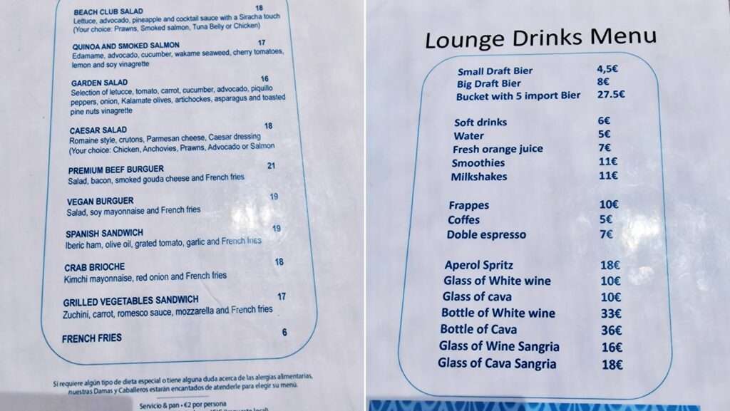 The Beach Club Abama beach Tenerife food prices