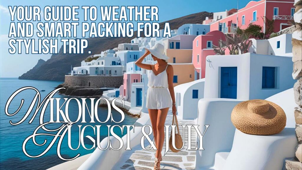 Mykonos Weather in August & July: What to Pack for Your Glamorous & Practical Trip 1 Woman in stylish summer outfit and hat, walking in a Cycladic village in Mykonos with sea view. Represents the guide to Mykonos weather in August and July and what to pack for a glamorous trip.