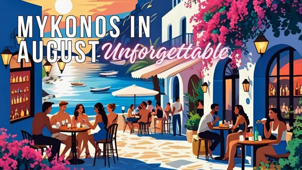 Mykonos in August: The Ultimate Guide to Experiencing the Island at Its Best 1 Mykonos in August vibrant street scene with cafes, people, sea, and bougainvillea, with "Mykonos in August: Unforgettable" text overlay