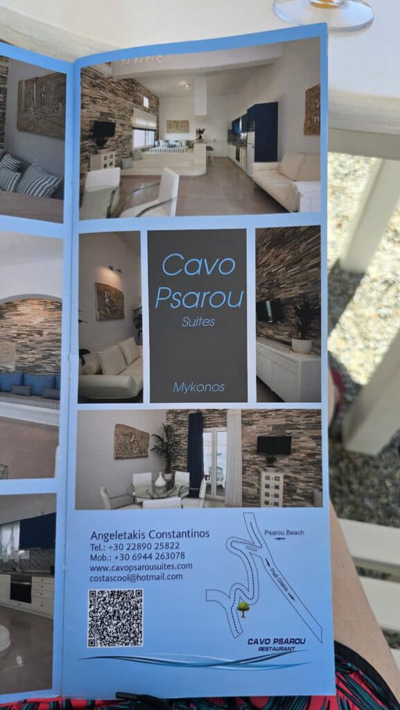 Brochure for the Cavo Psarou Suites accommodation in Mykonos, showing contact information, map, and booking details.