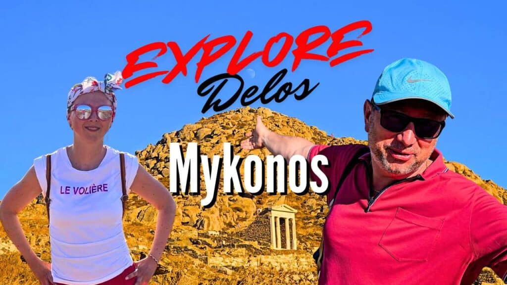 Split-screen image showing a woman posing on a dusty path with the sea in the background (left) and a view of a rocky hill with an ancient temple on Delos (right). Text reads "explore Mykonos Delos.