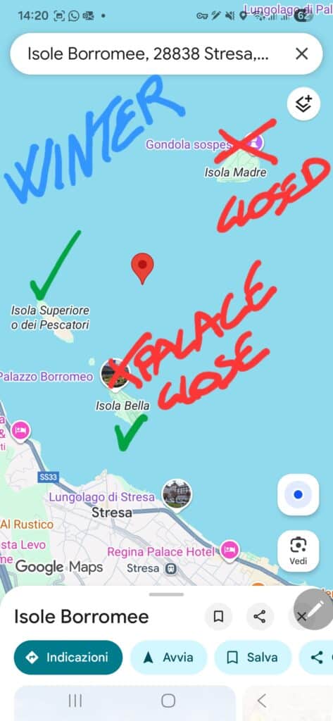 Color-coded map showing Isola Pescatori is open year-round, while Isola Bella Palace and Isola Madre Gardens are closed for the autumn and winter low season.