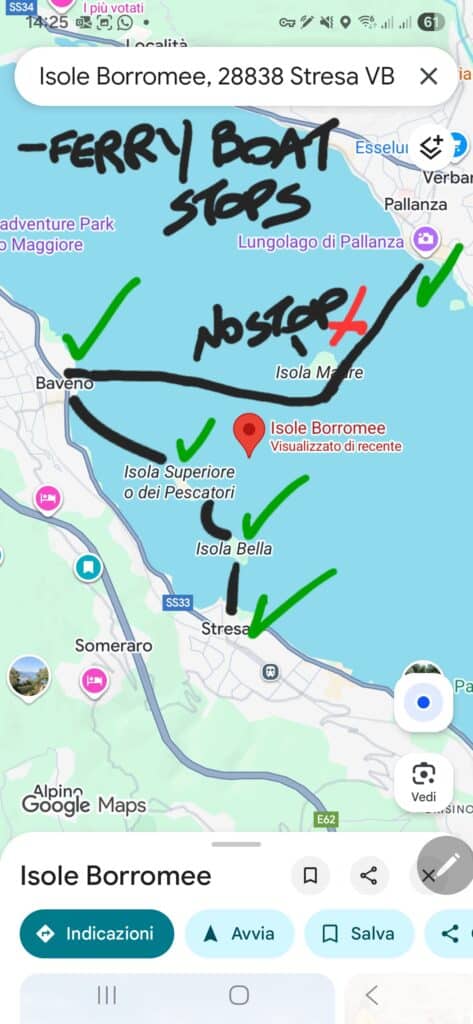 Map of Lake Maggiore ferry boat stops for the Borromean Islands route, highlighting available low-season stops like Stresa, Baveno, Isola Bella, and Isola Pescatori.