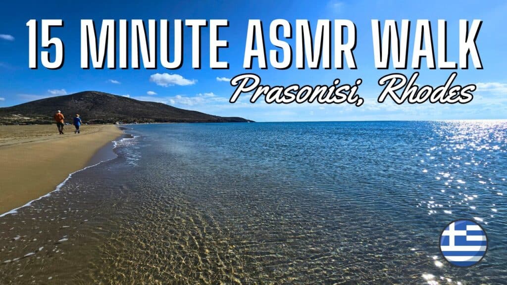 Thumbnail for the 15-minute ASMR Prasonisi Beach Walk video, showing crystal clear water and the two seas meeting in Rhodes, Greece.