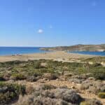 Prasonisi Rhodes overview showing the clear line where the Aegean Sea meets the calm Mediterranean. Ideal for windsurfing and kiteboarding.