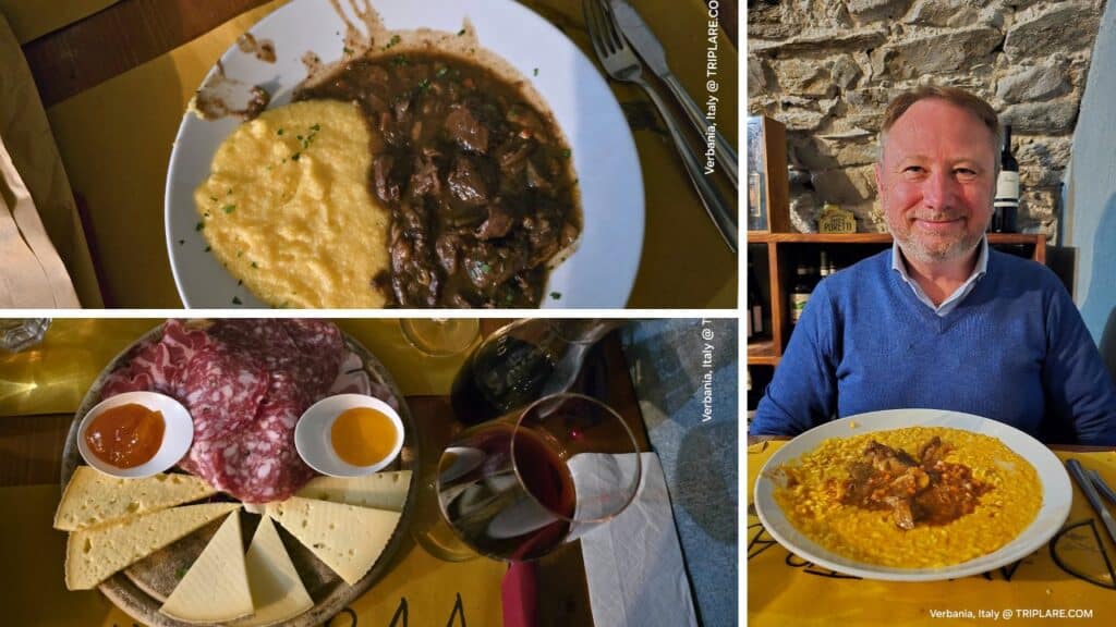 Gabriel, the guide's companion, showing the generous portions of local cured meats and venison stew with polenta at Hosteria Dam A Traa in Verbania.