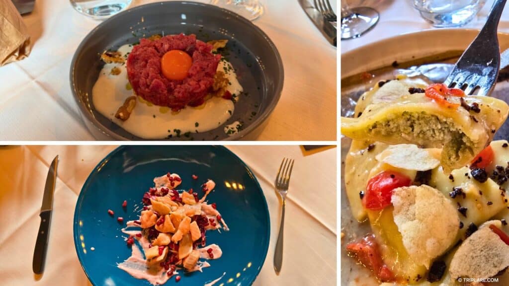 La Cadrega Verbania restaurant dishes: Beef tartare with fondue, Marinated Lake Maggiore trout fillet, and perch-filled ravioli
