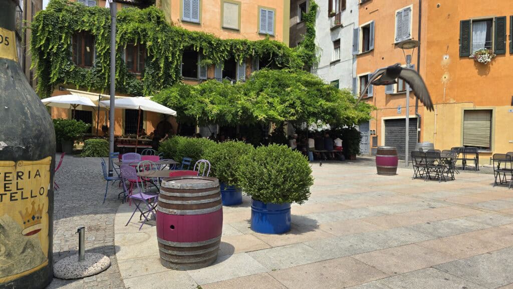 Outdoor seating at Osteria del Castello in Intra, showing tables under lush green ivy in a quiet cobblestone square.