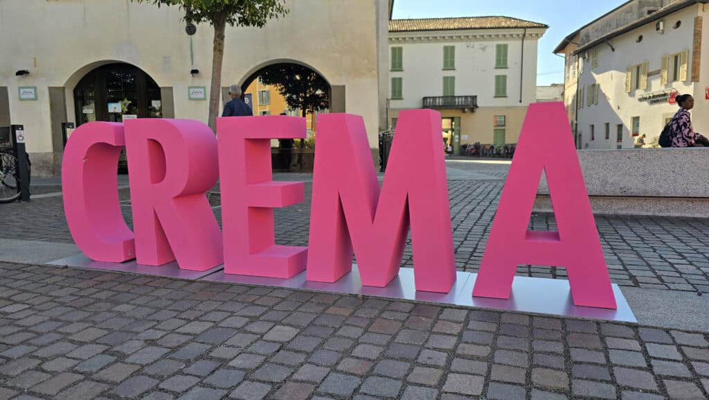 View of Piazza Garibaldi Crema with temporary 'CREMA' sign during the annual Cosmetic Industry Week