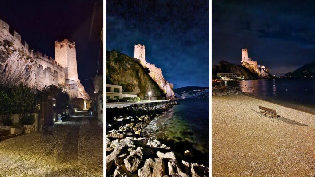 The exterior view of Malcesine's Scaligero Castle in December, overlooking Lake Garda during the evening, before the Christmas lights have been installed.