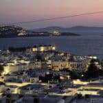 Micro-sunset view from the high vantage point at Numi Sunset Bar in Mykonos, showing the dramatic sky and horizon.