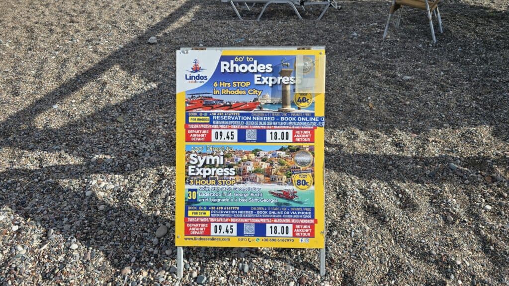 Timetable and prices for the Vlicha Beach water taxi service connecting the Lindos area directly to Rhodes City, ideal for non-drivers (October 2025).