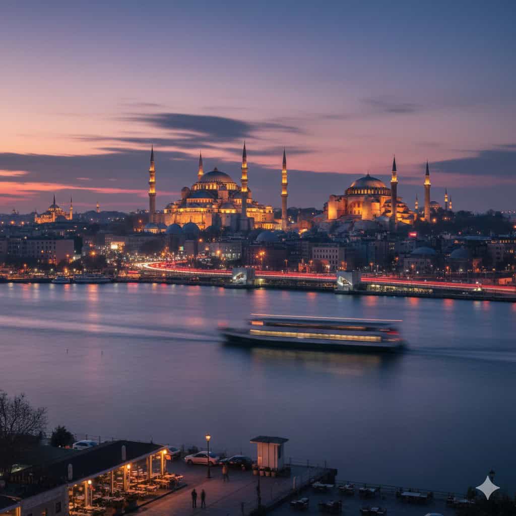 Iconic sunset view of Hagia Sophia and Blue Mosque from the Bosphorus, symbolizing the luxury of time in Istanbul.