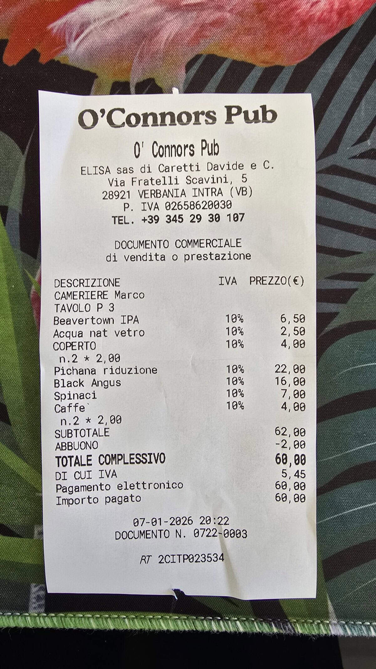 Dining on Lake Maggiore: A Practical Guide to Verbania’s Authentic Flavors 3 Actual restaurant receipt from O'Connor Pub in Verbania dated January 7, 2026, showing prices for Picanha and Black Angus pizza.