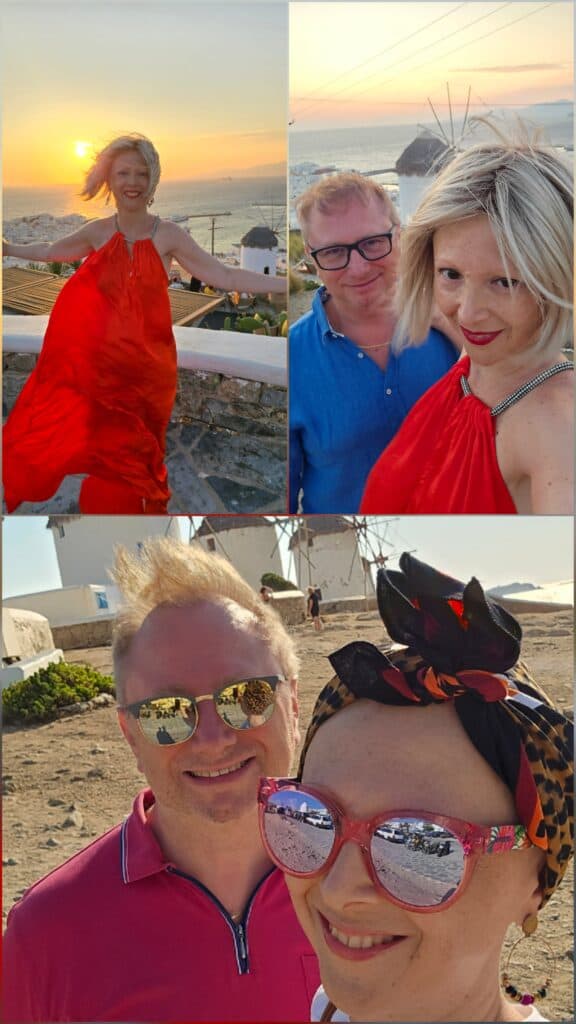Mykonos Town (Chora) Unfiltered: A Guide to Sunsets, Windy Adventures, and Hidden Corners 4 A collage of Ila and Gabriel in Mykonos Town: a funny selfie with wind-blown hair and a bandana during the day, and an elegant evening shot at Numi Sunset Bar with a long dress in the wind.