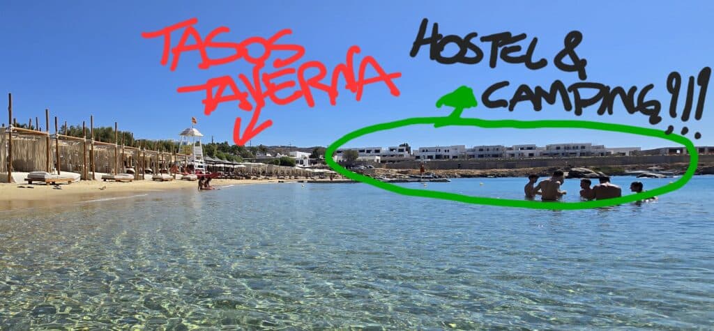 Analysis of Paraga Beach in Mykonos comparing the location of the former camping site with the new concrete buildings observed in August 2025.