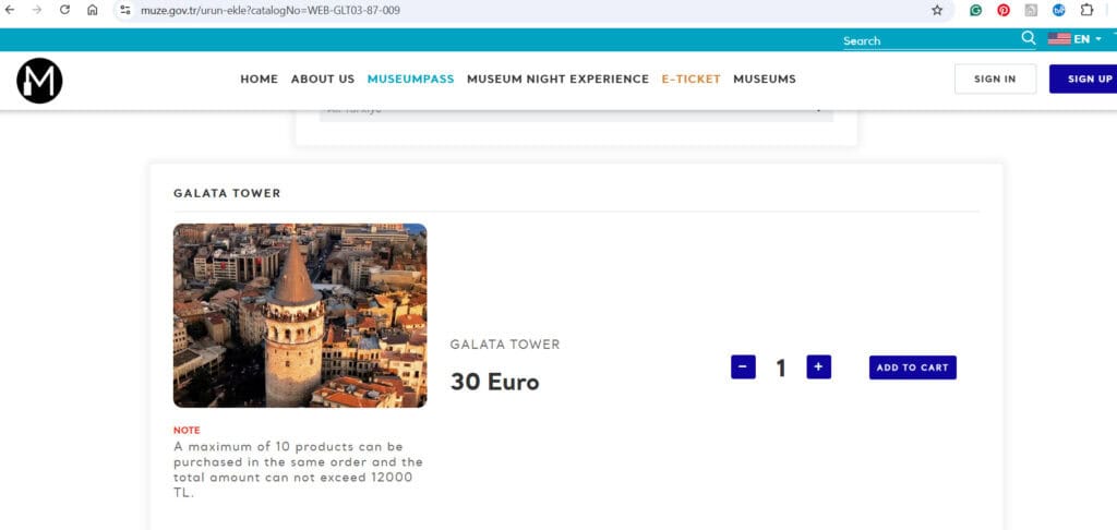 Selection of Galata Tower entry ticket on the official Turkish museum website.