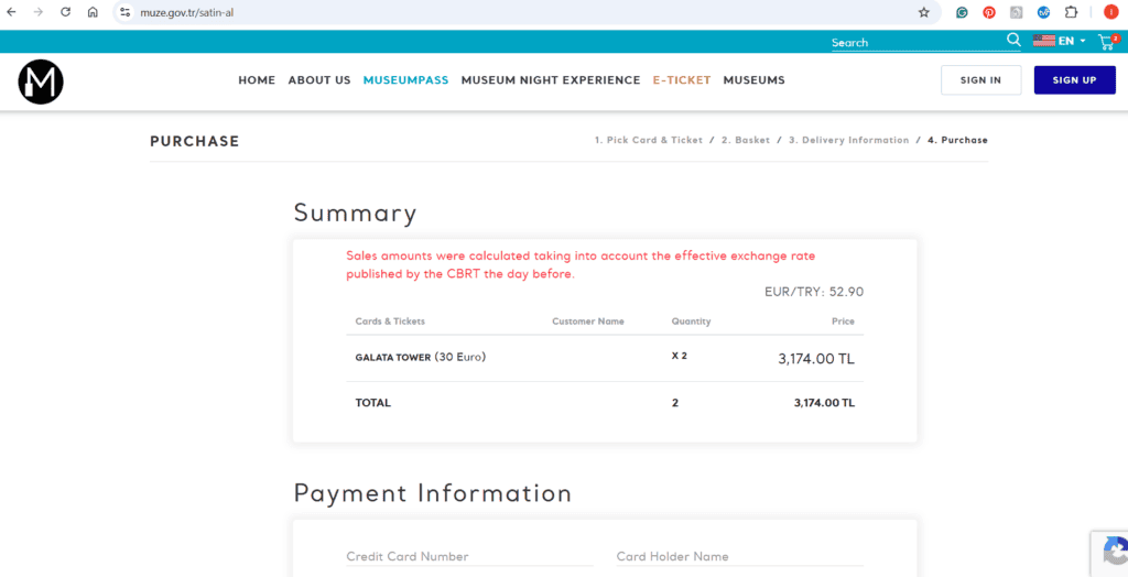Final summary page showing the exchange rate and payment area for Galata Tower.