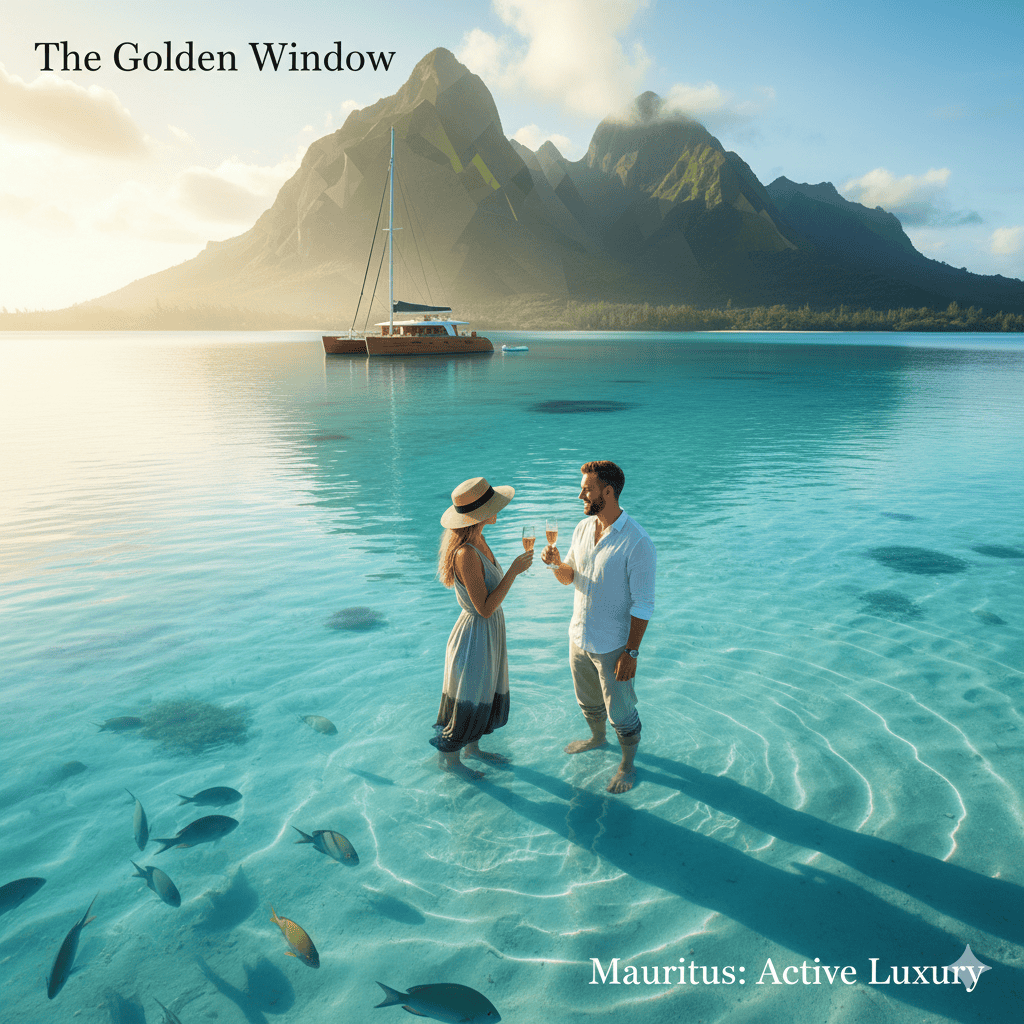 Mauritius in October & November: The "Active Luxury" Expert Guide for a Milestone Anniversary 1 A couple toasts with champagne in crystal-clear turquoise waters of Mauritius, surrounded by lush mountains and a catamaran in the background. The scene represents a serene, active luxury anniversary escape, highlighting the island's natural beauty and calm lagoons.