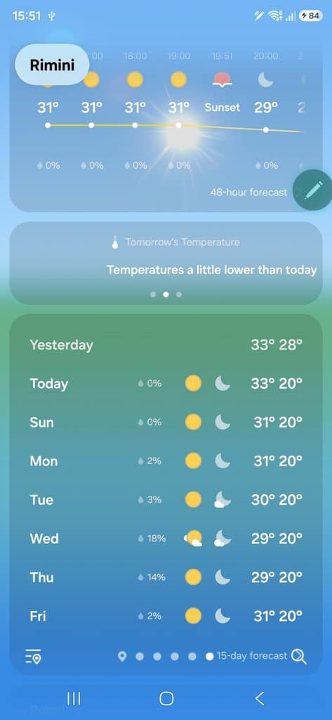 Rimini: Italy's Popular Beach Getaway and Hidden Roman Gems 1 Weather app screenshot showing sunny forecasts for Rimini with temperatures between 29°C and 33°C from August 29, 2026.