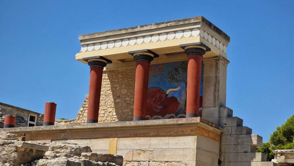 northern entrance Knossos reconstructed veranda with fresco hunting the bull Heraklion 1