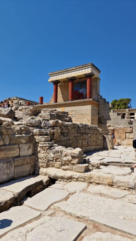 northern entrance Knossos reconstructed veranda with fresco hunting the bull Heraklion 2