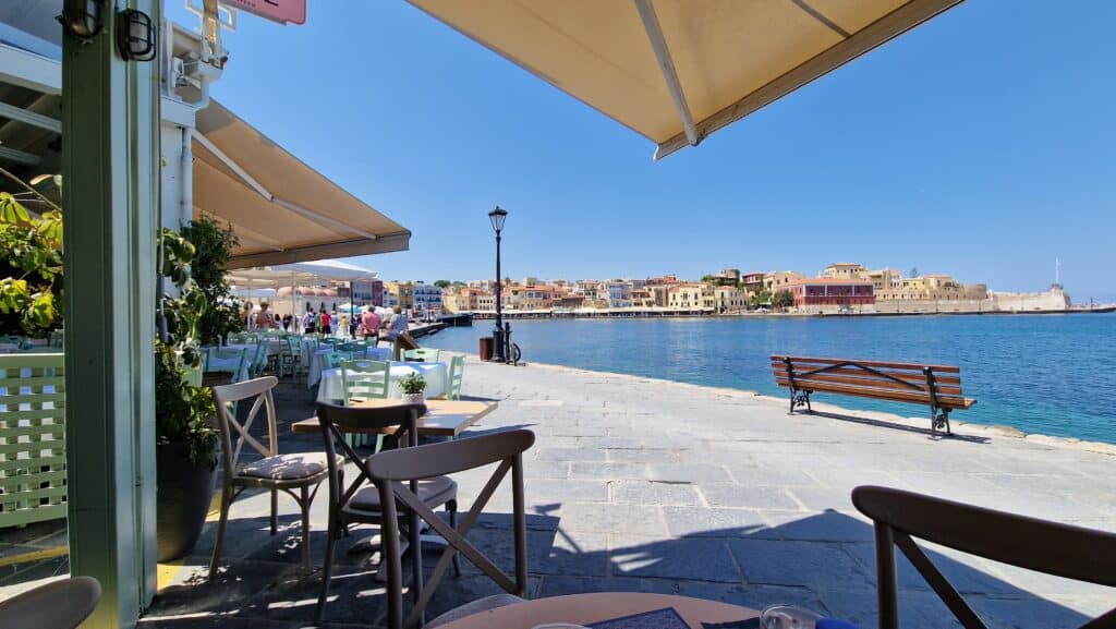 view from the restaurants at the Ancient Venetian Harbor Chania Crete Greece