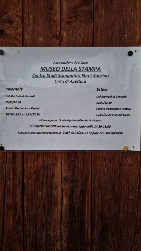 Opening hours Museo della Stampa Soncino where the first bible in Italy was printed